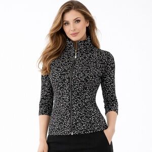 Tonia Debellis Black White 3/4 Sleeve Turtleneck Full Zip Top